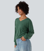 V Neck Long Sleeve Ruched Relaxed Casual T-Shirt — Emerald Floral Yarn — view 3