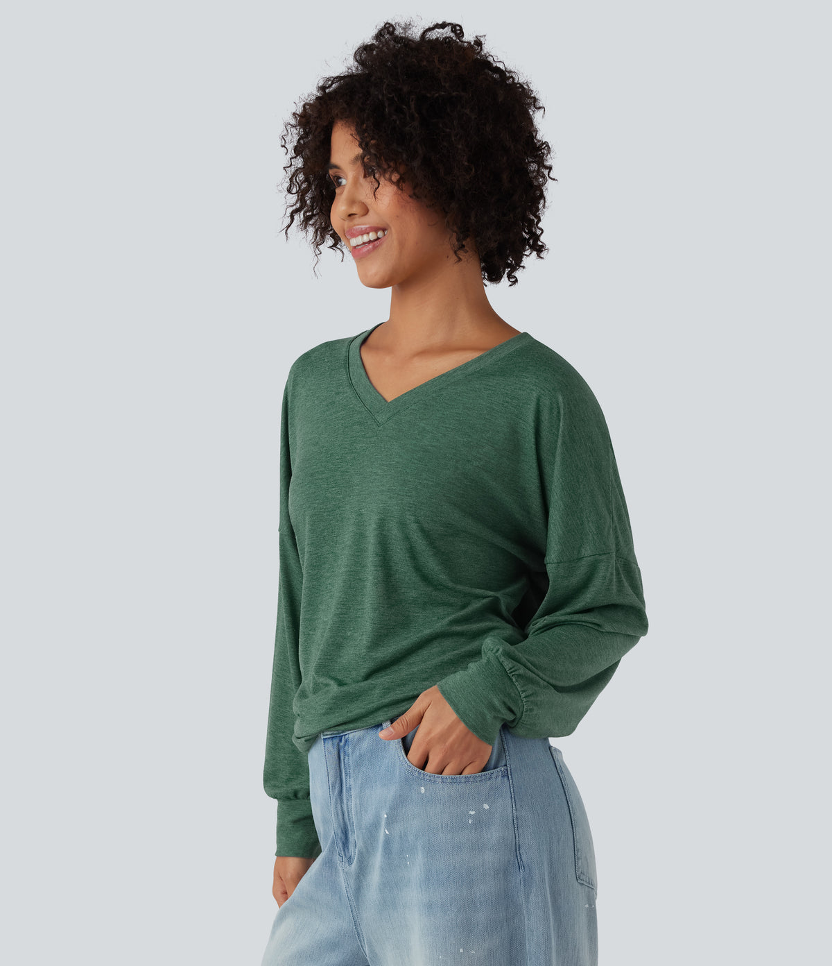 V Neck Long Sleeve Ruched Relaxed Casual T-Shirt — Emerald Floral Yarn — view 3