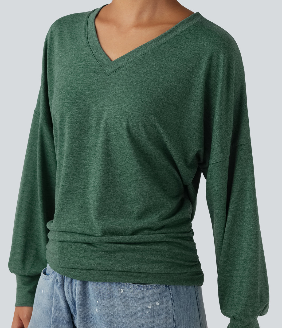 V Neck Long Sleeve Ruched Relaxed Casual T-Shirt — Emerald Floral Yarn — view 4