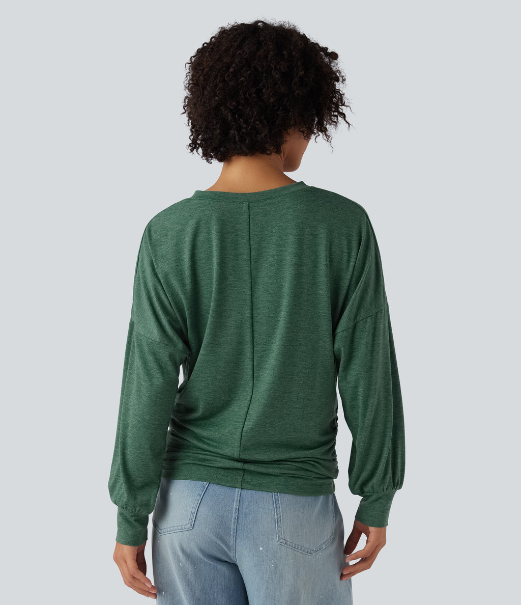 V Neck Long Sleeve Ruched Relaxed Casual T-Shirt — Emerald Floral Yarn — view 2