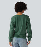 V Neck Long Sleeve Ruched Relaxed Casual T-Shirt — Emerald Floral Yarn — view 2