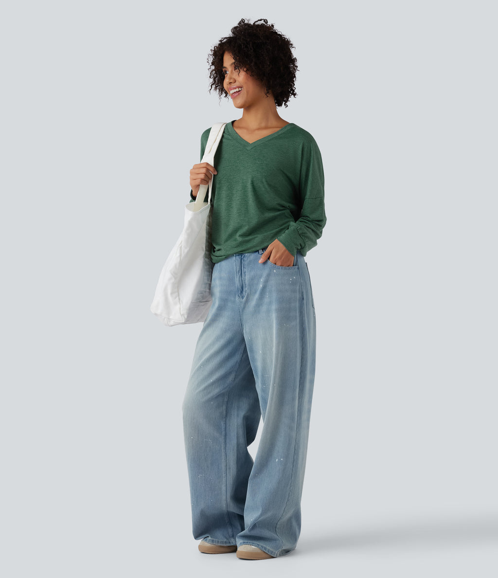 V Neck Long Sleeve Ruched Relaxed Casual T-Shirt — Emerald Floral Yarn — view 6
