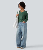 V Neck Long Sleeve Ruched Relaxed Casual T-Shirt — Emerald Floral Yarn — view 6