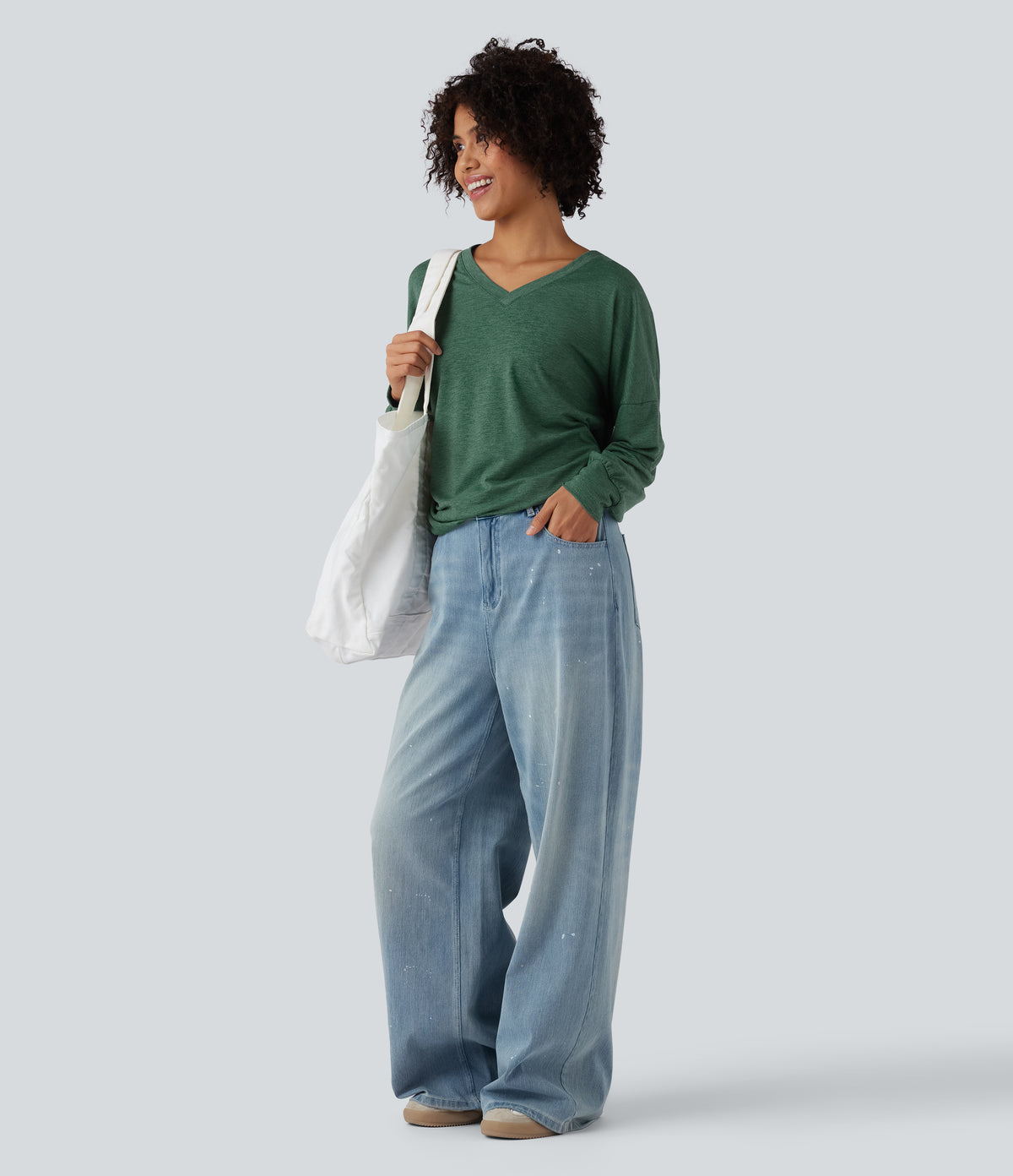 V Neck Long Sleeve Ruched Relaxed Casual T-Shirt — Emerald Floral Yarn — view 6