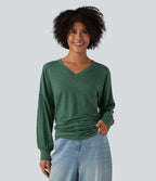 V Neck Long Sleeve Ruched Relaxed Casual T-Shirt — Emerald Floral Yarn — view 5