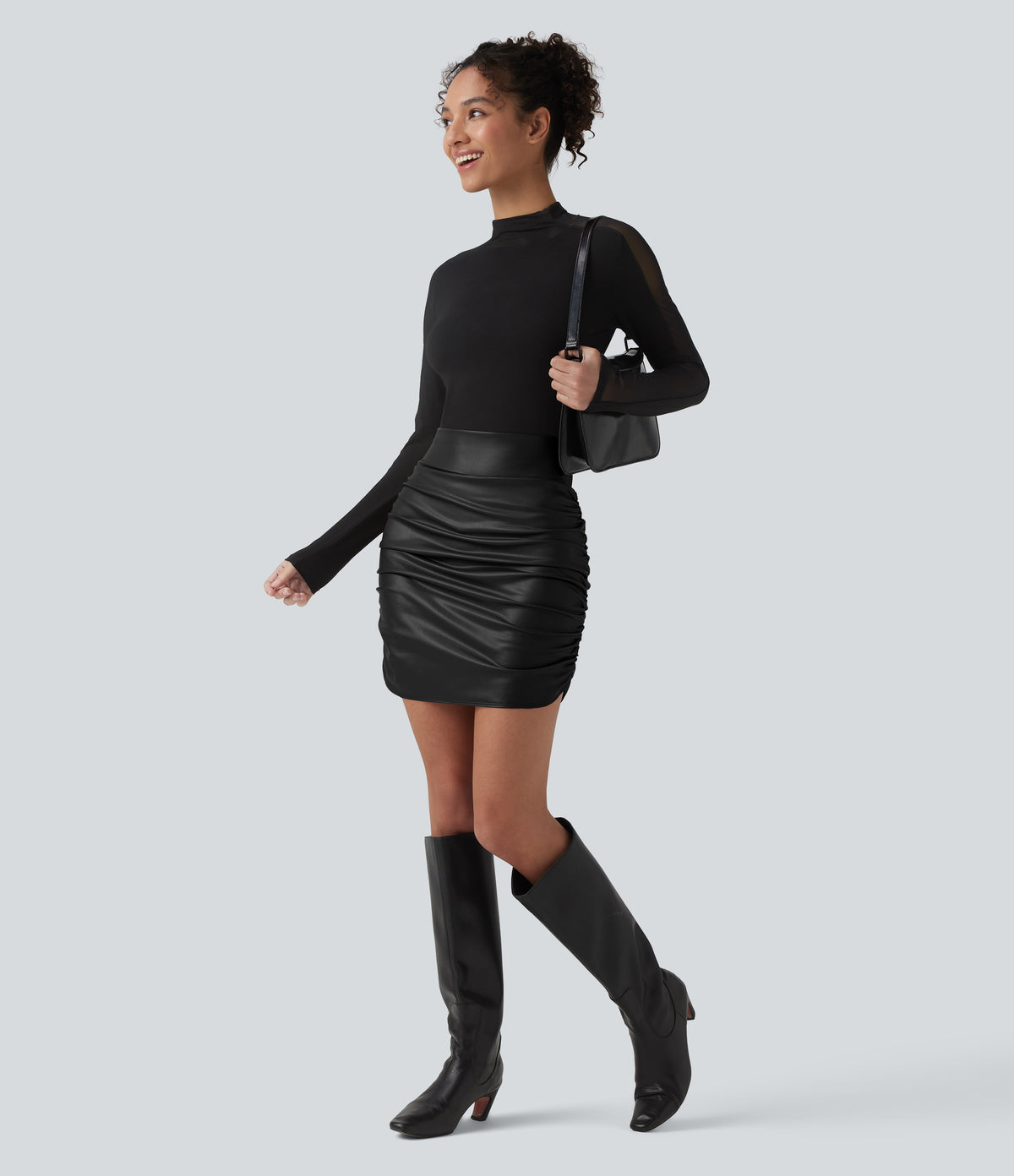 High Waisted Tummy Control Ruched Curved Hem 2-in-1 Fleece PU Mini Bodycon Party Skirt-Longer Length — Black — view 7