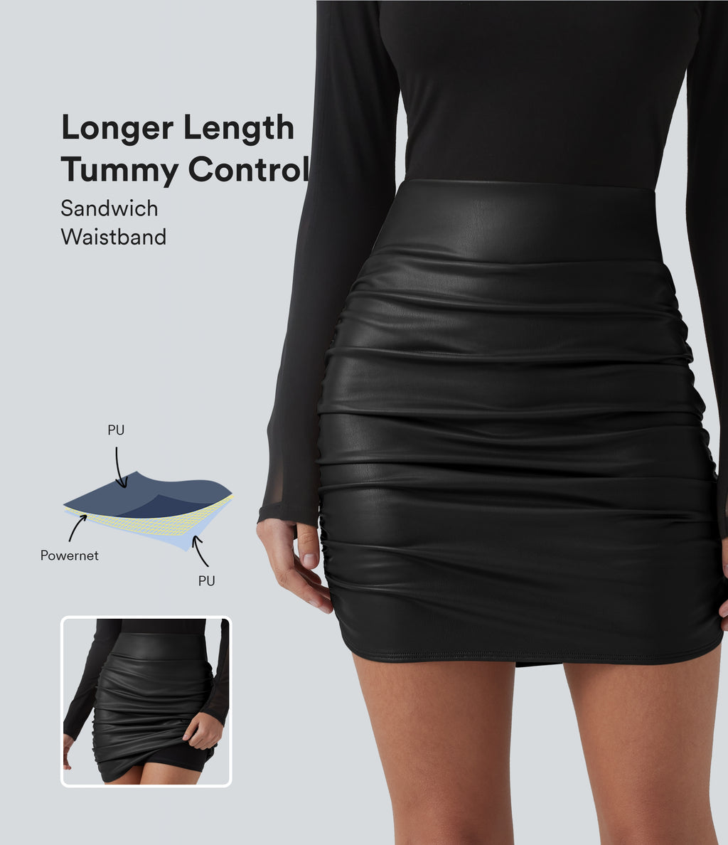 High Waisted Tummy Control Ruched Curved Hem 2-in-1 Fleece PU Mini Bodycon Party Skirt-Longer Length — Black — view 1