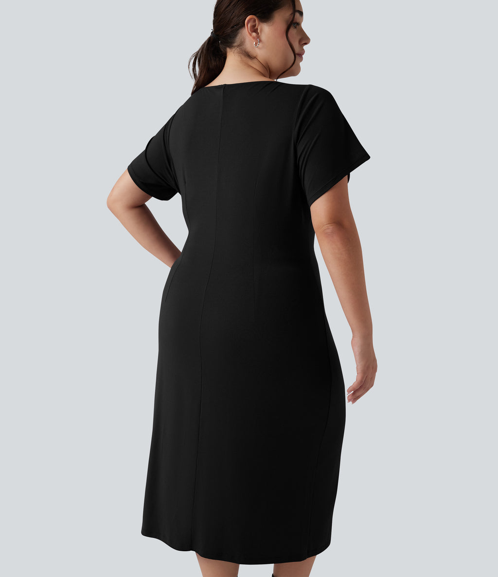Short Sleeve Ruched Split Bodycon Midi Work Plus Size Dress — Black — view 5