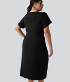 Short Sleeve Ruched Split Bodycon Midi Work Plus Size Dress — Black — view 5