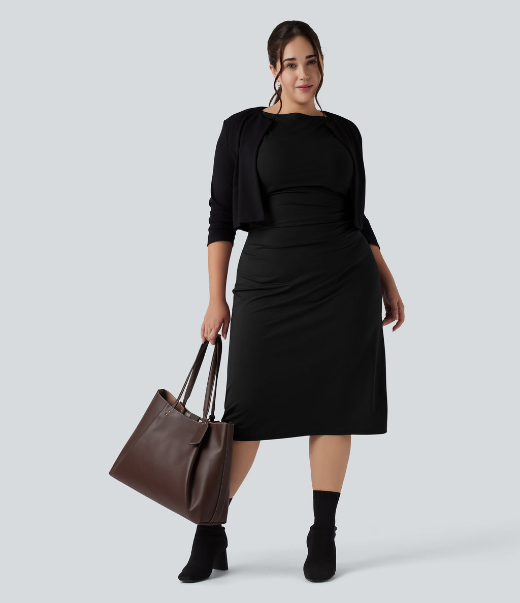 Short Sleeve Ruched Split Bodycon Midi Work Plus Size Dress — Black — view 7