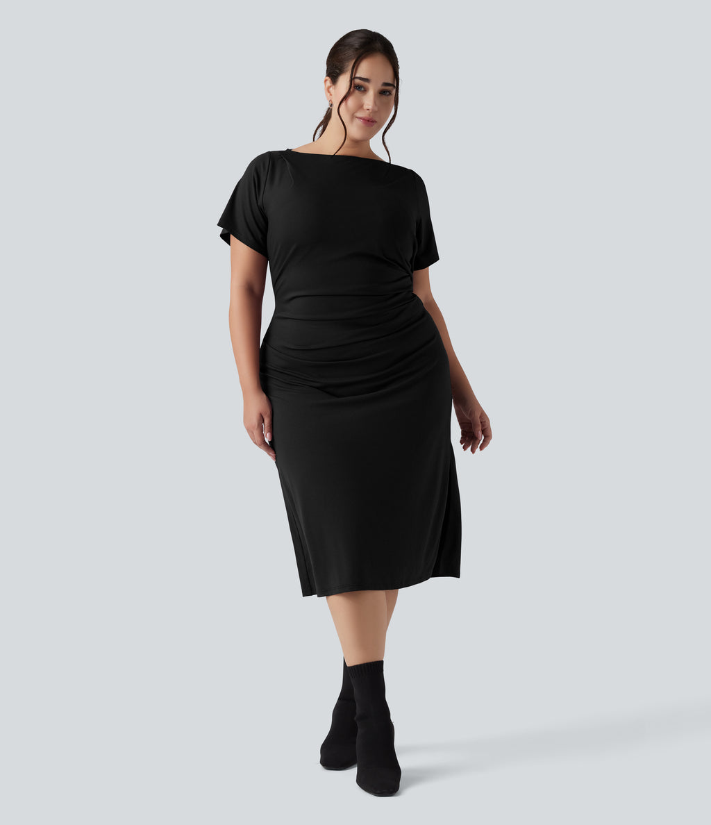 Short Sleeve Ruched Split Bodycon Midi Work Plus Size Dress — Black — view 1