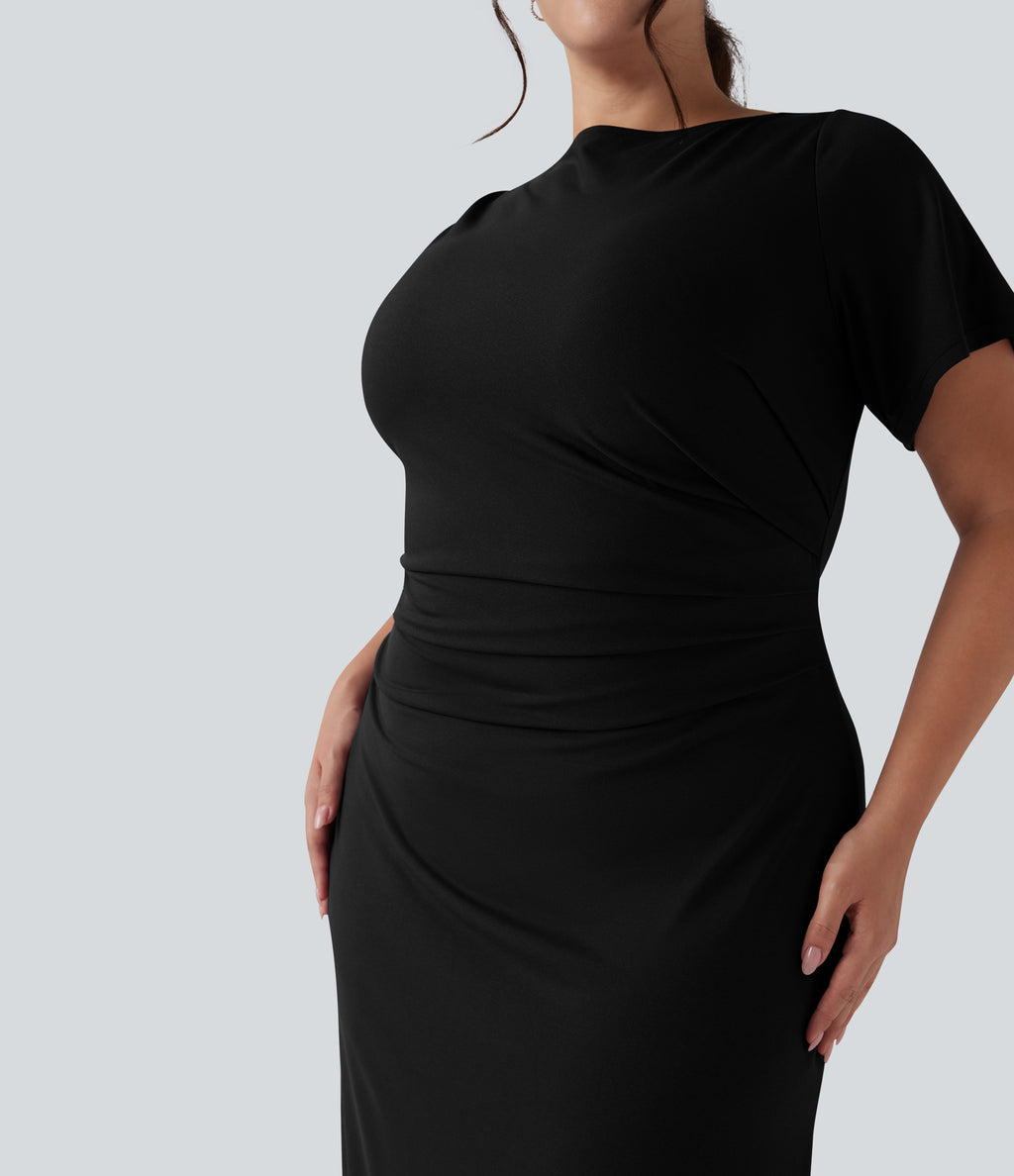 Short Sleeve Ruched Split Bodycon Midi Work Plus Size Dress — Black — view 4