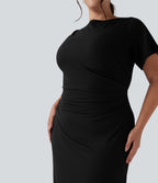 Short Sleeve Ruched Split Bodycon Midi Work Plus Size Dress — Black — view 4