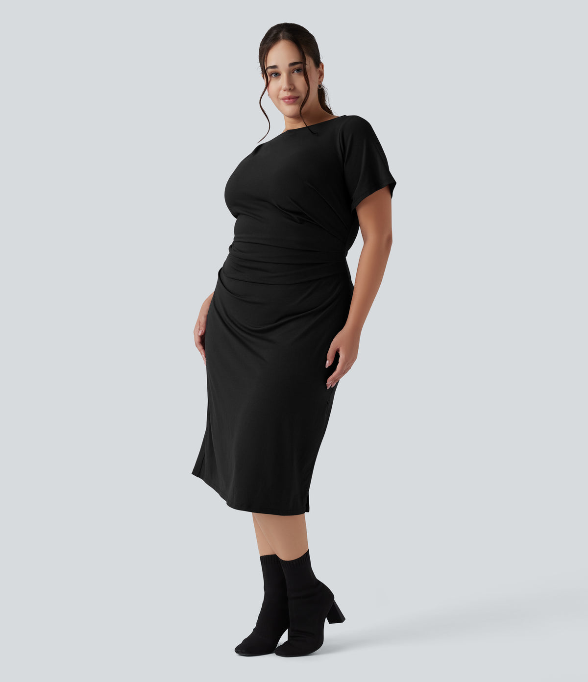 Short Sleeve Ruched Split Bodycon Midi Work Plus Size Dress — Black — view 3