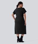 Short Sleeve Ruched Split Bodycon Midi Work Plus Size Dress — Black — view 2