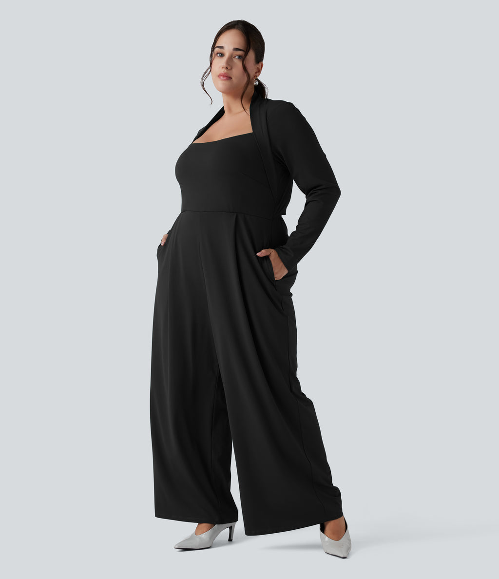 Plus Size Long Sleeve Wide Leg Jumpsuit with Pockets-Edition — Black — view 3