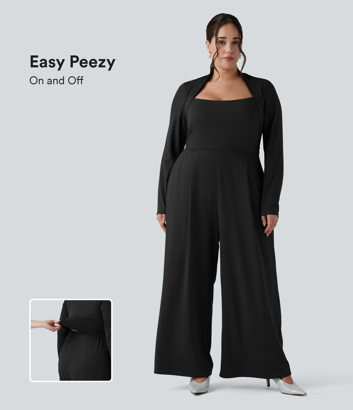 Plus Size Long Sleeve Wide Leg Jumpsuit with Pockets-Edition — Black — view 1