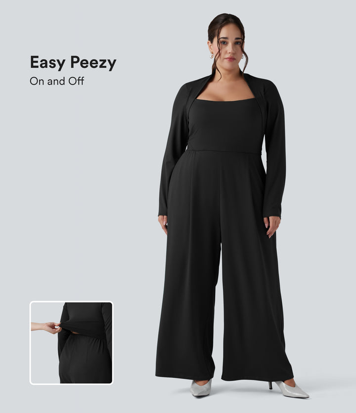 Plus Size Long Sleeve Wide Leg Jumpsuit with Pockets-Edition — Black — view 1