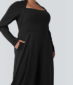 Plus Size Long Sleeve Wide Leg Jumpsuit with Pockets-Edition — Black — view 5
