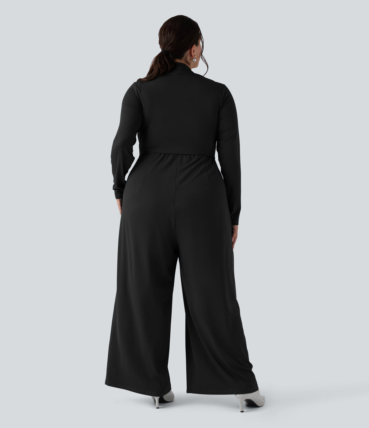 Plus Size Long Sleeve Wide Leg Jumpsuit with Pockets-Edition — Black — view 2
