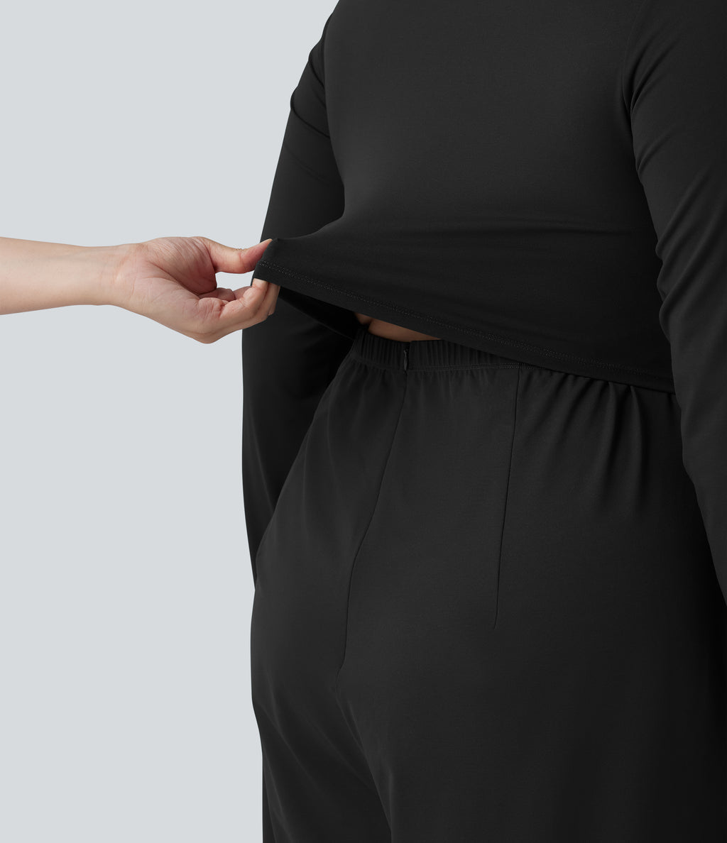Plus Size Long Sleeve Wide Leg Jumpsuit with Pockets-Edition — Black — view 6