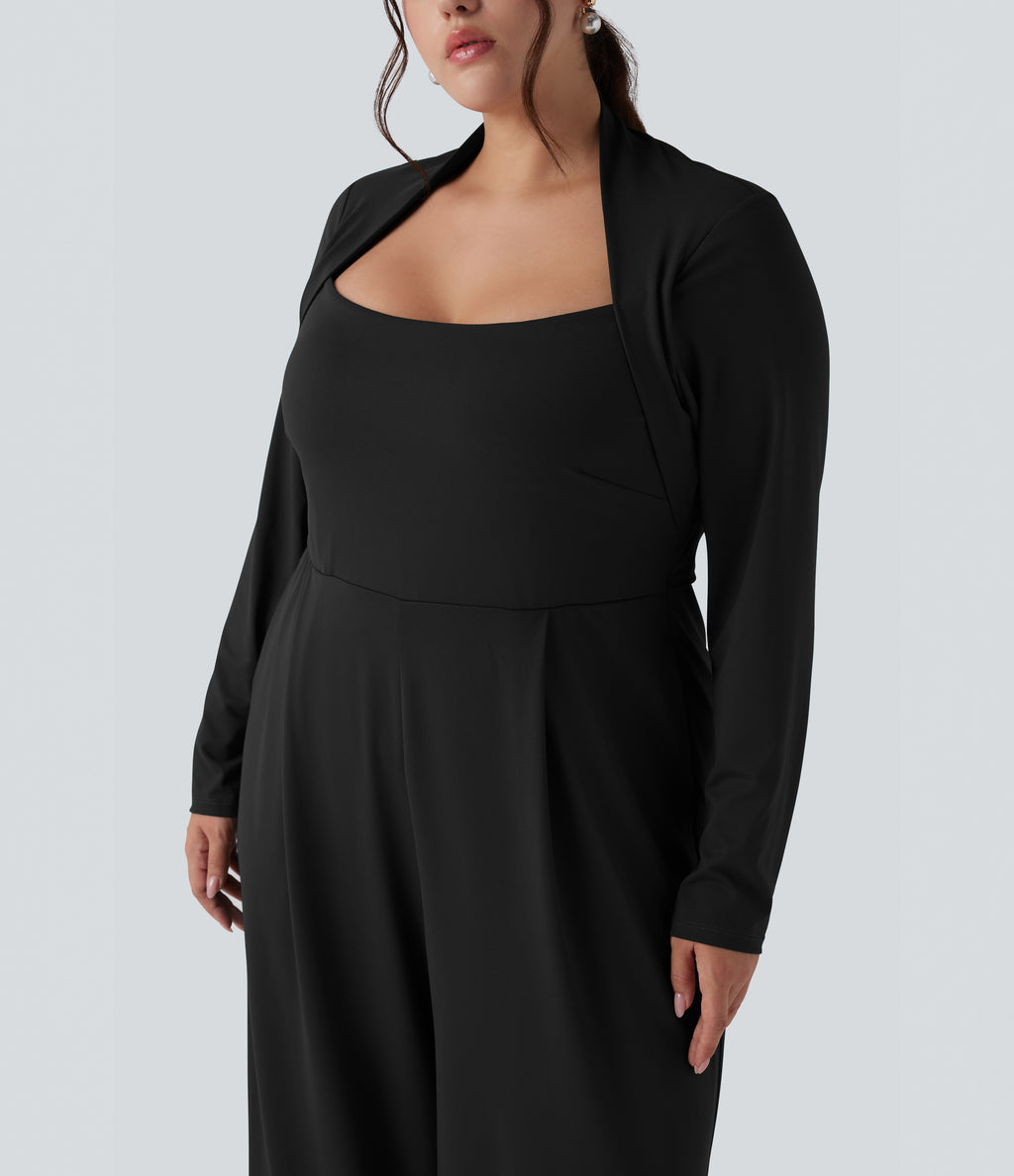 Plus Size Long Sleeve Wide Leg Jumpsuit with Pockets-Edition — Black — view 4