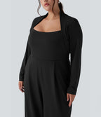 Plus Size Long Sleeve Wide Leg Jumpsuit with Pockets-Edition — Black — view 4