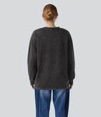 Denim Round Neck Long Sleeve Washed Casual T-Shirt — Hemp Rope Black Denim — view 2