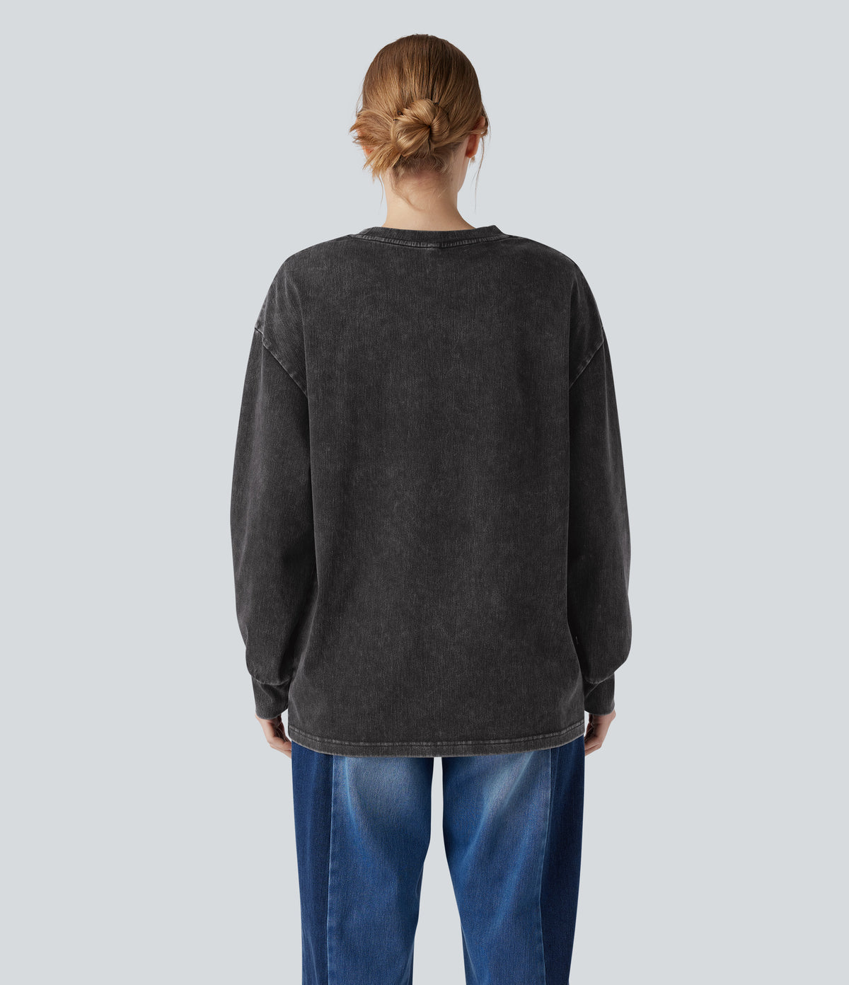 Denim Round Neck Long Sleeve Washed Casual T-Shirt — Hemp Rope Black Denim — view 2