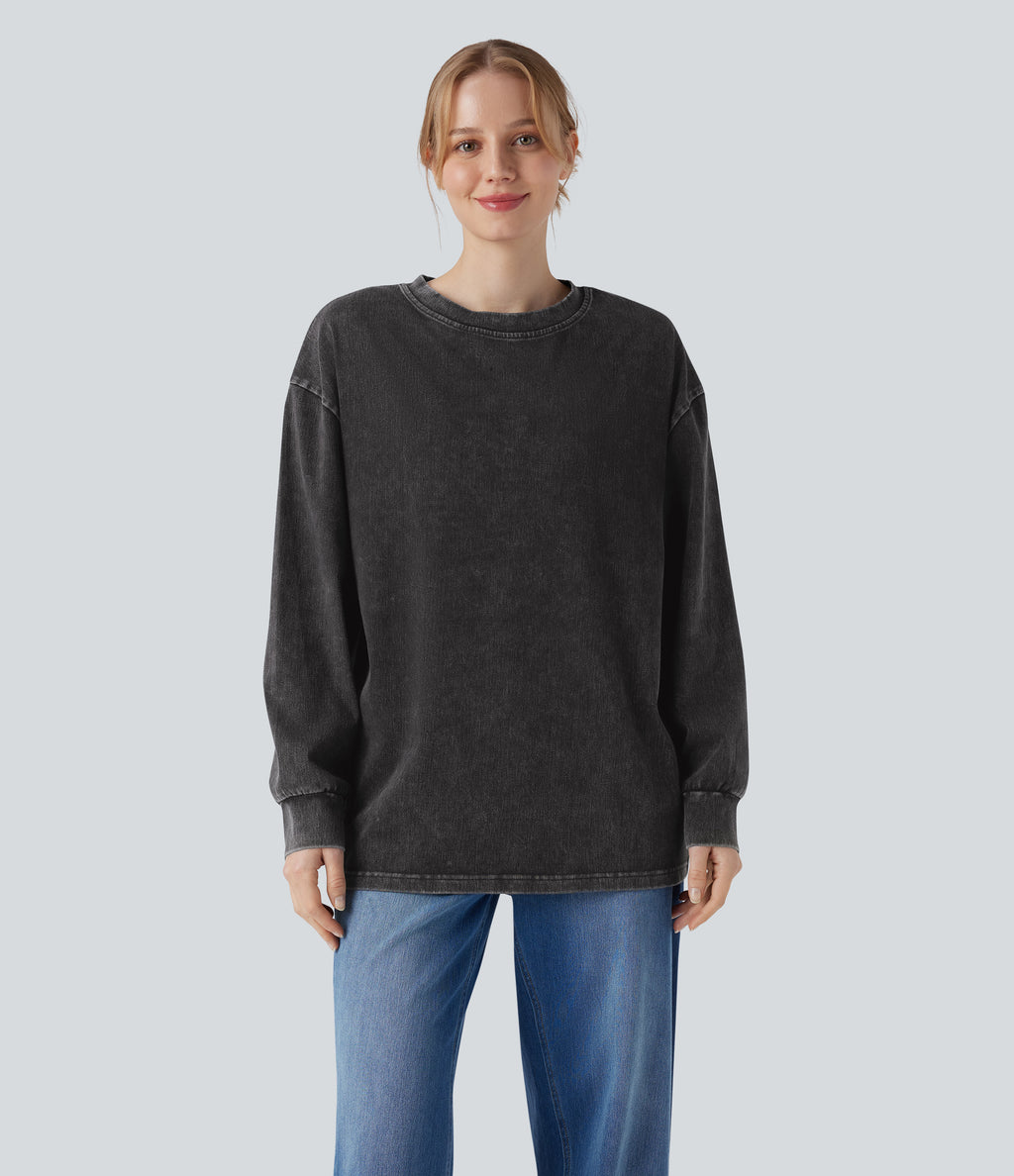 Denim Round Neck Long Sleeve Washed Casual T-Shirt — Hemp Rope Black Denim — view 4