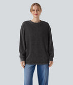 Denim Round Neck Long Sleeve Washed Casual T-Shirt — Hemp Rope Black Denim — view 4