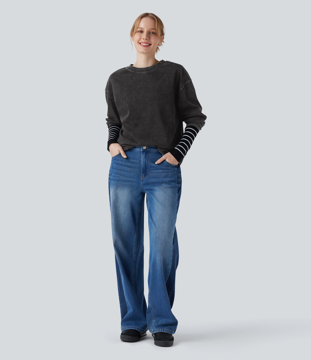 Denim Round Neck Long Sleeve Washed Casual T-Shirt — Hemp Rope Black Denim — view 6