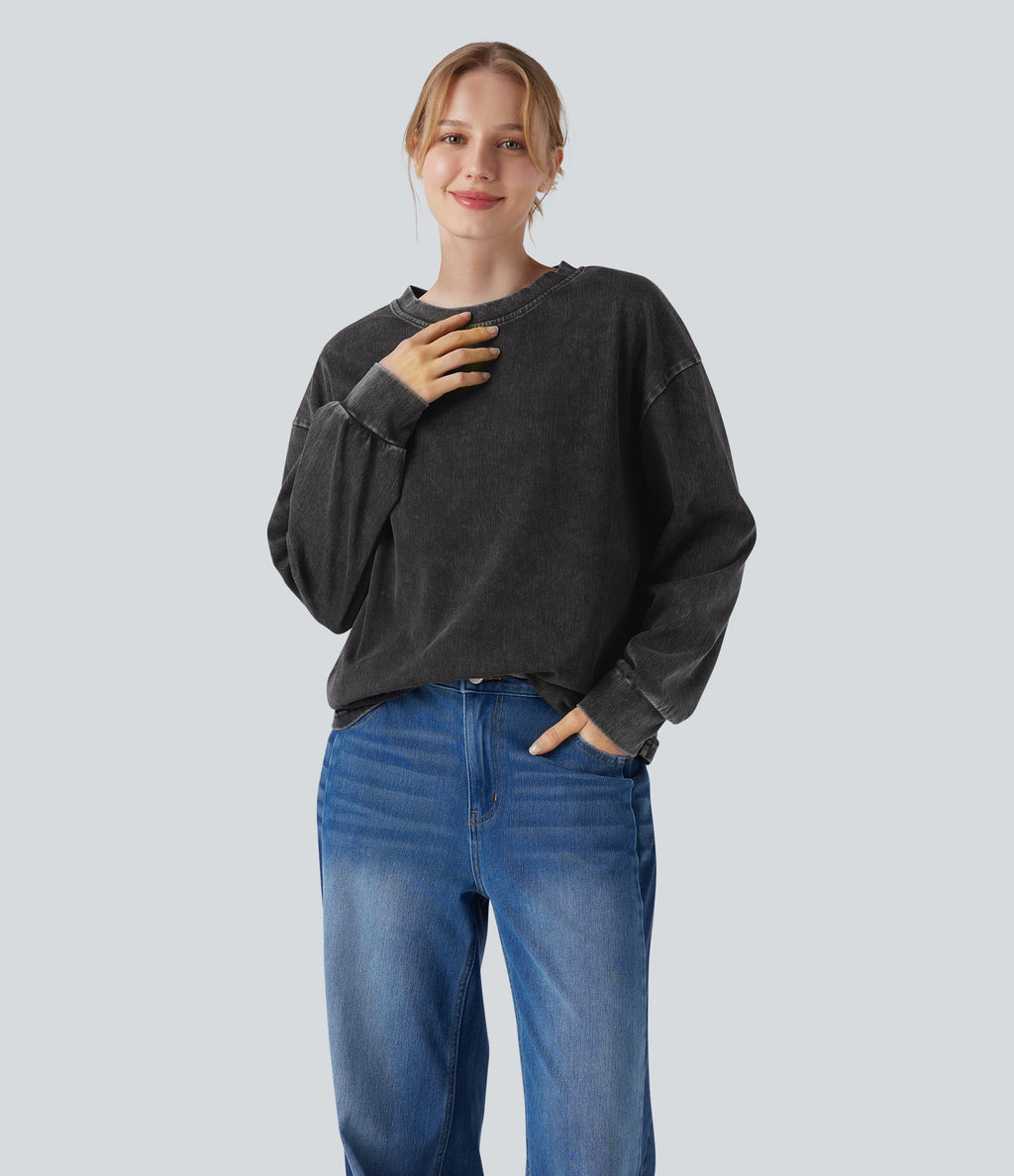 Denim Round Neck Long Sleeve Washed Casual T-Shirt — Hemp Rope Black Denim — view 3