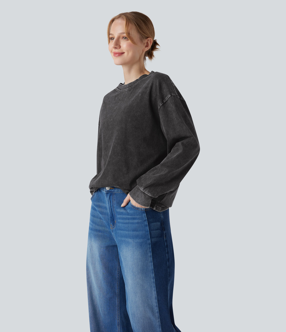 Denim Round Neck Long Sleeve Washed Casual T-Shirt — Hemp Rope Black Denim — view 1