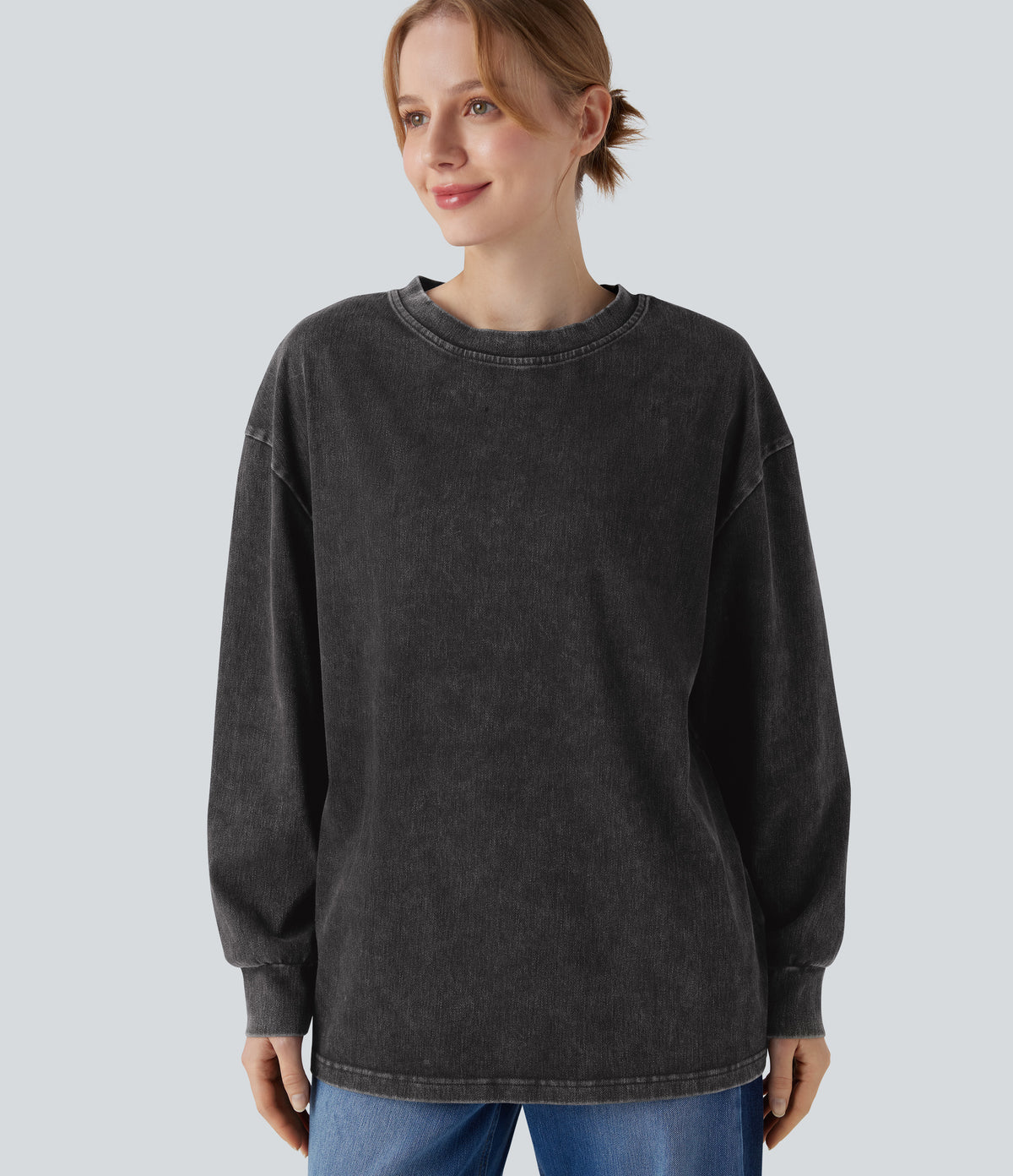 Denim Round Neck Long Sleeve Washed Casual T-Shirt — Hemp Rope Black Denim — view 5