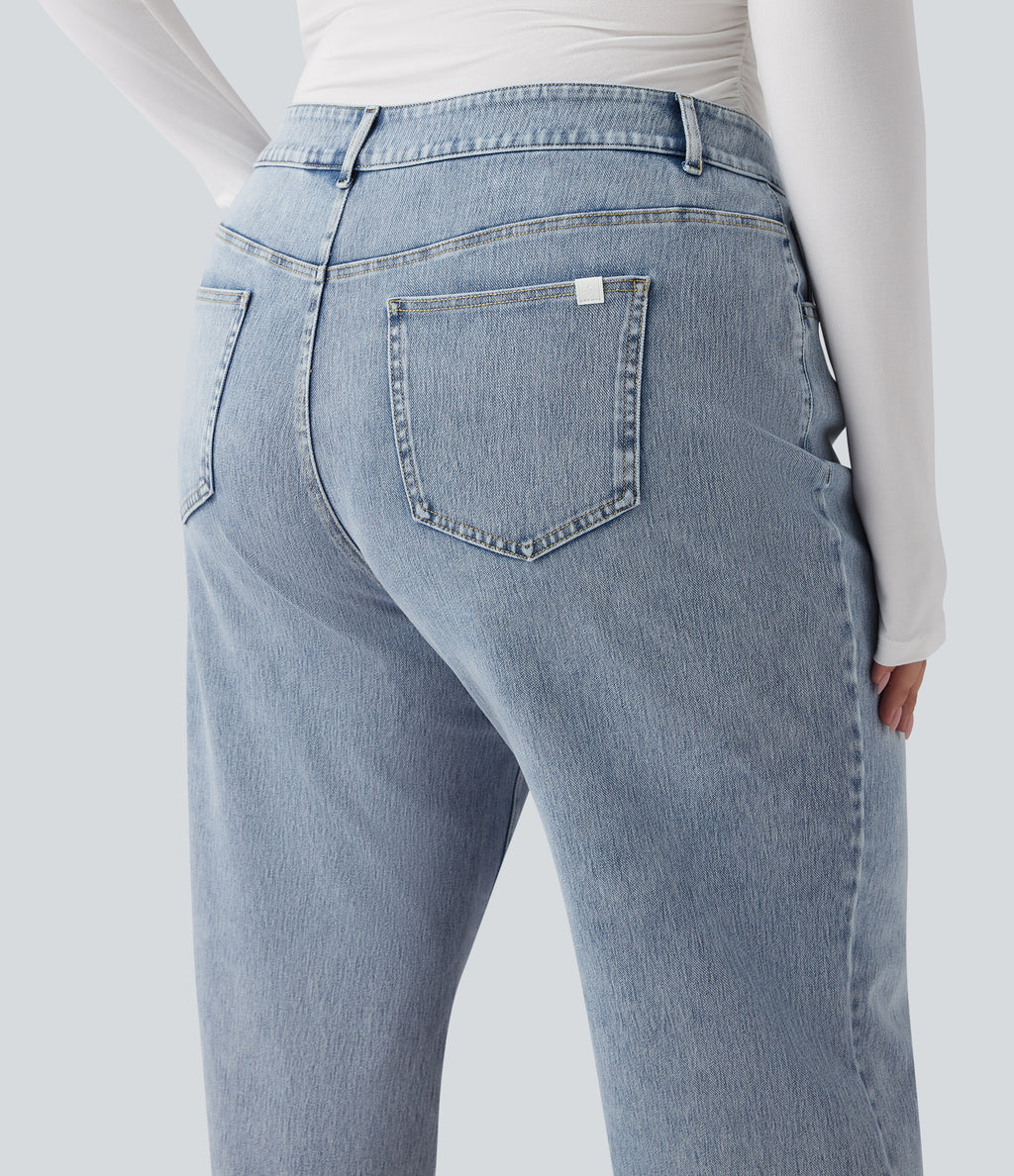 High Waisted Straight Leg Casual Plus Size Jeans with Pockets — Creek Blue Denim — view 5