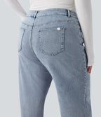 High Waisted Straight Leg Casual Plus Size Jeans with Pockets — Creek Blue Denim — view 5