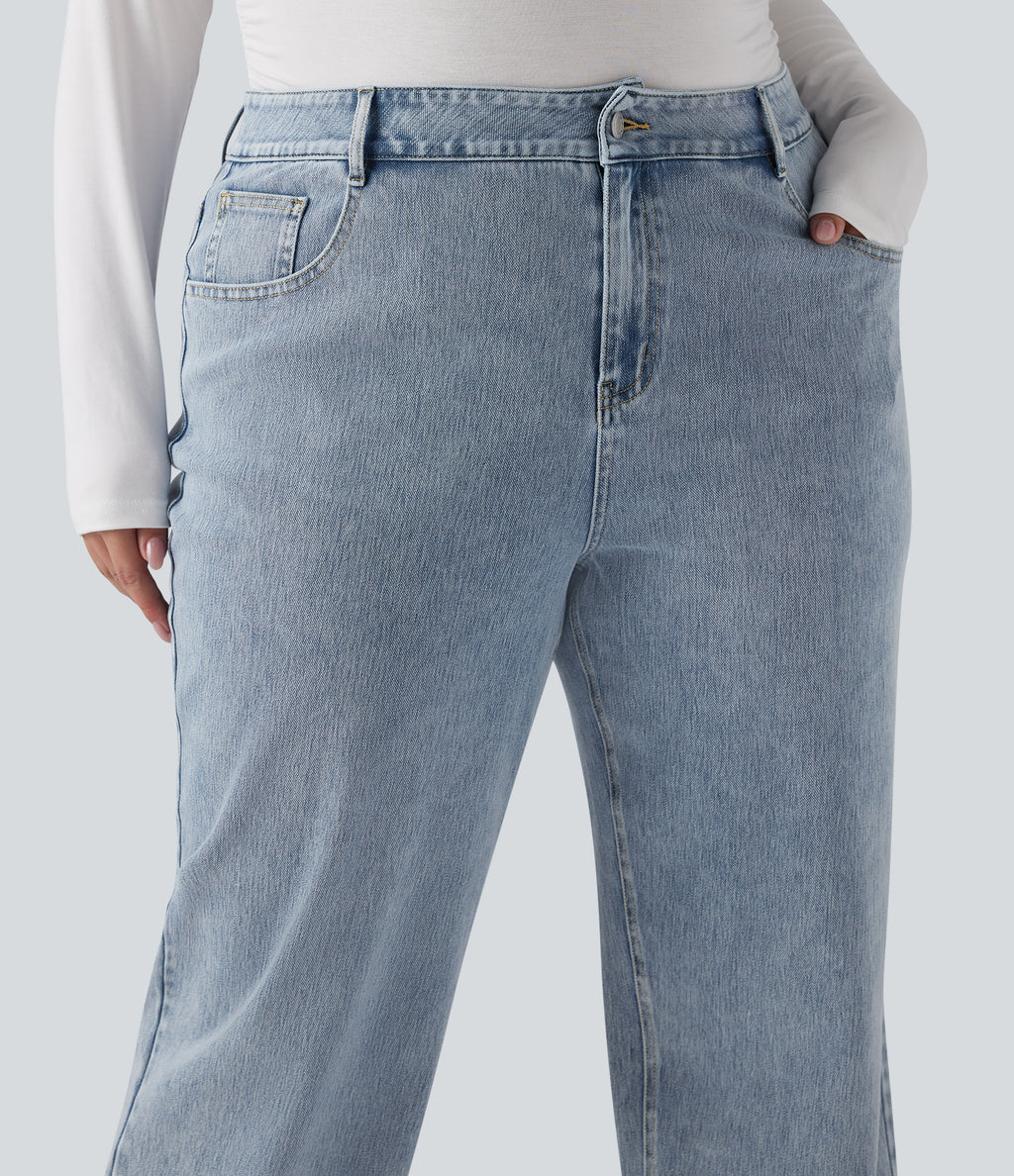 High Waisted Straight Leg Casual Plus Size Jeans with Pockets — Creek Blue Denim — view 4