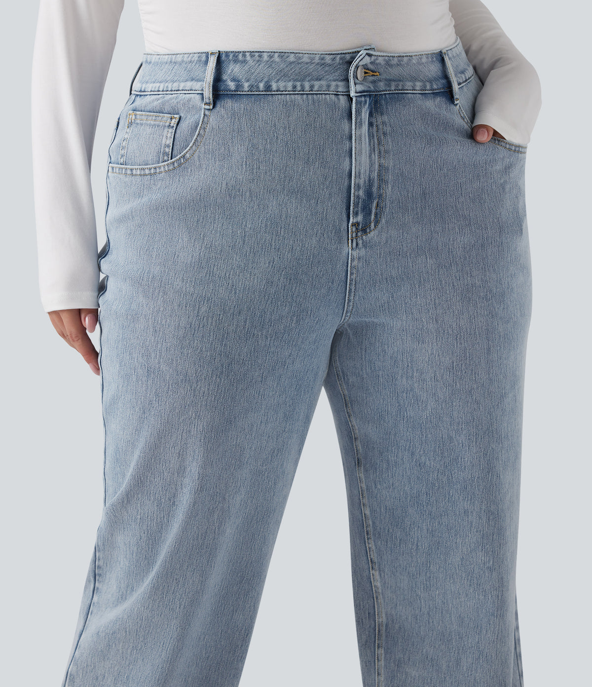High Waisted Straight Leg Casual Plus Size Jeans with Pockets — Creek Blue Denim — view 4
