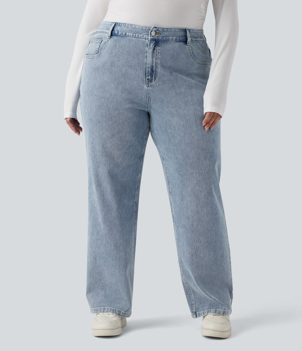 High Waisted Straight Leg Casual Plus Size Jeans with Pockets — Creek Blue Denim — view 1