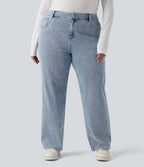 High Waisted Straight Leg Casual Plus Size Jeans with Pockets — Creek Blue Denim — view 1