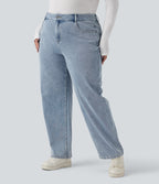 High Waisted Straight Leg Casual Plus Size Jeans with Pockets — Creek Blue Denim — view 3