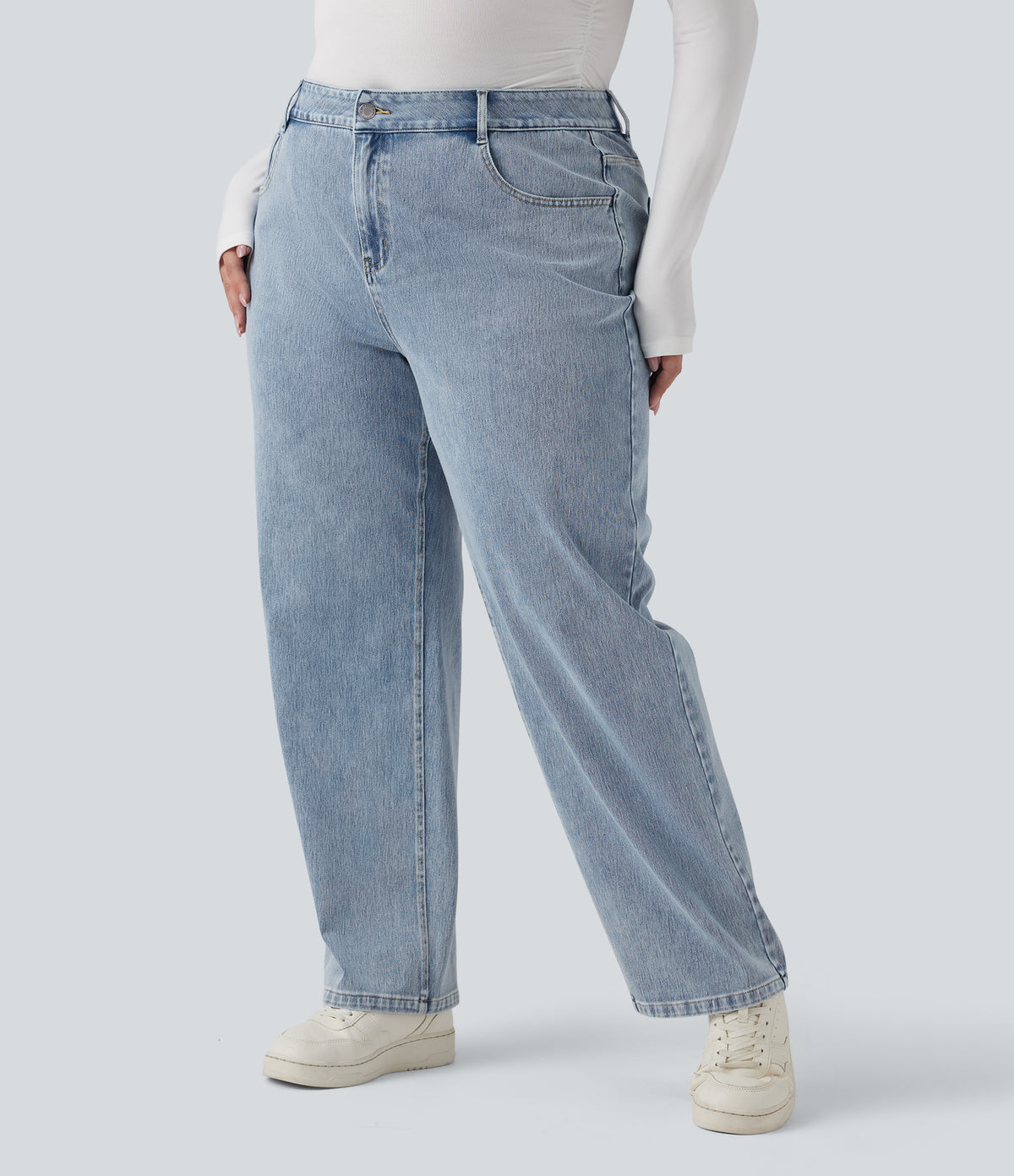 High Waisted Straight Leg Casual Plus Size Jeans with Pockets — Creek Blue Denim — view 3