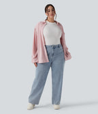 High Waisted Straight Leg Casual Plus Size Jeans with Pockets — Creek Blue Denim — view 6
