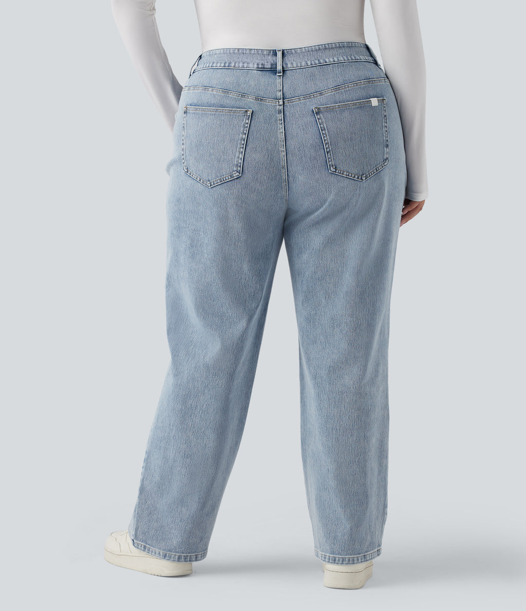 High Waisted Straight Leg Casual Plus Size Jeans with Pockets — Creek Blue Denim — view 2