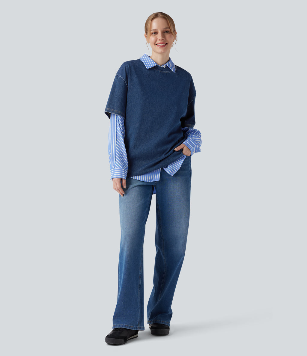 Round Neck Short Sleeve Denim Casual T-Shirt — Washed Denim Bleached Blue — view 6