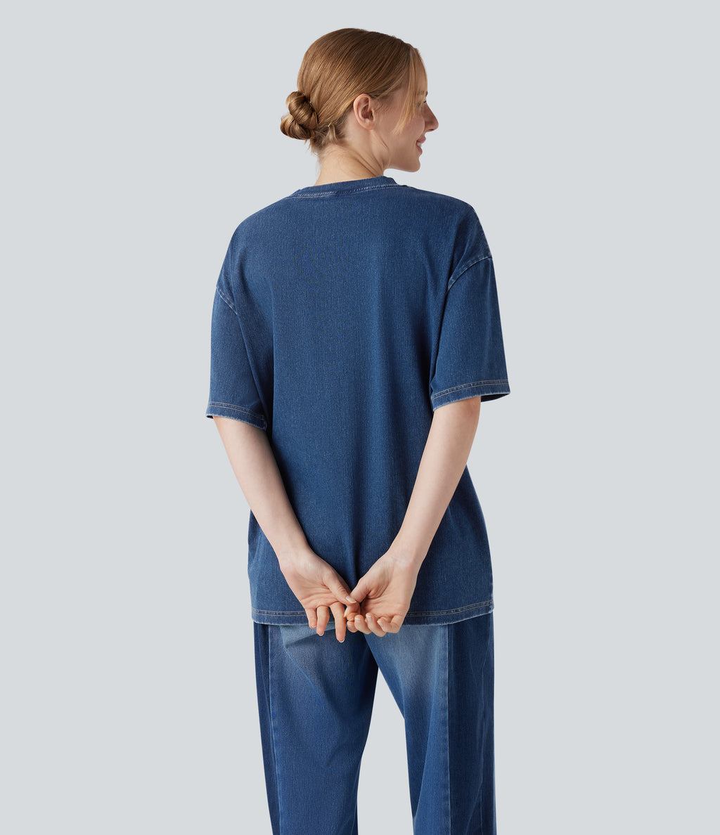 Round Neck Short Sleeve Denim Casual T-Shirt — Washed Denim Bleached Blue — view 2
