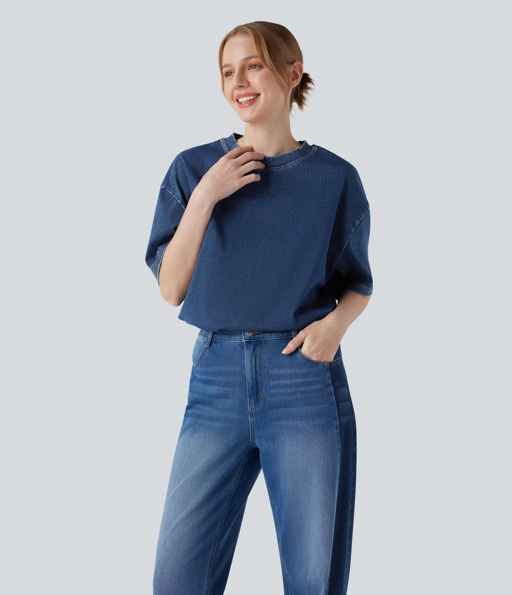Round Neck Short Sleeve Denim Casual T-Shirt — Washed Denim Bleached Blue — view 1