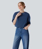 Round Neck Short Sleeve Denim Casual T-Shirt — Washed Denim Bleached Blue — view 1