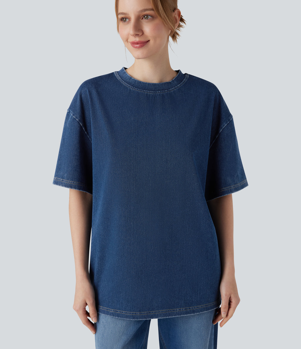 Round Neck Short Sleeve Denim Casual T-Shirt — Washed Denim Bleached Blue — view 4
